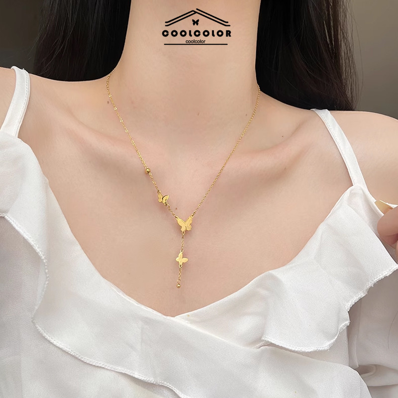 ในไทย💖สร้อยคอเหล็กไทเทเนียม18K โกลเด้นผีเสื้อจี้ประดับพู่ Ins สไตล์เกาหลีหรูหราเครื่องประดับแฟชั่นของขวัญCOD