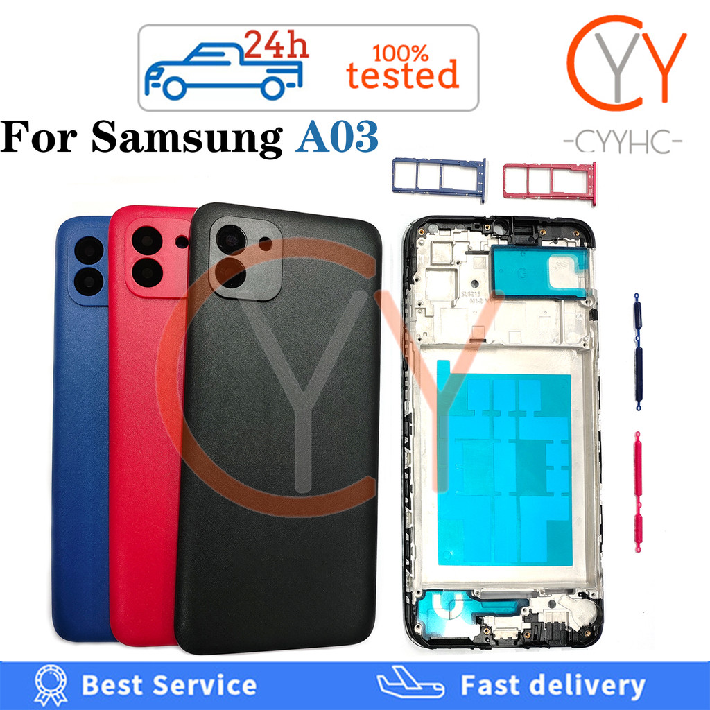 สําหรับ Samsung A03 A035 A035F ฝาหลังแบตเตอรี่ปุ่มปรับระดับเสียงปิดสายไฟฝาครอบแบตเตอรี่ประตูด้านหลัง + LCD กรอบด้านหน้า + ถาดซิมเปลี่ยนการ์ด