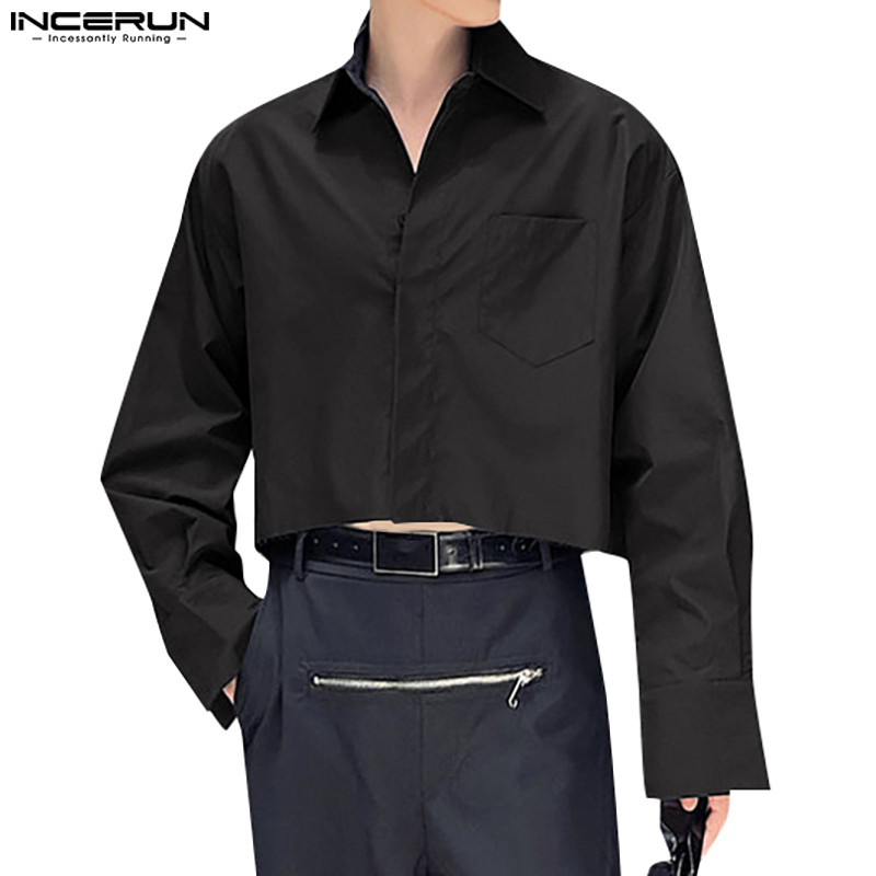 Incerun เสื้อเชิ้ตแขนยาวผู้ชายสีทึบ Truncated