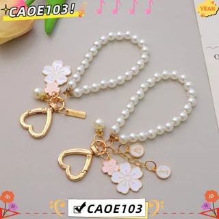 Caoe103 พวงกุญแจ Cherry Blossoms จี้ตัวอักษรแฟชั่น Pearl Beaded Chain, อุปกรณ์เสริมกระเป๋ากุญแจรถหรูหราอินเทรนด์
