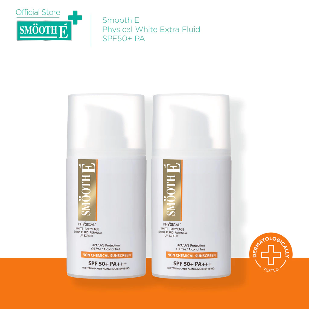 [แพ็ค 2] Smooth E Physical White Extra Fluid SPF50+ PA ครีมกันแดดเนื้อ Fluid สำหรับผิวมัน เป็นสิว ปกป้อง 8ชม.20G. สมูทอี