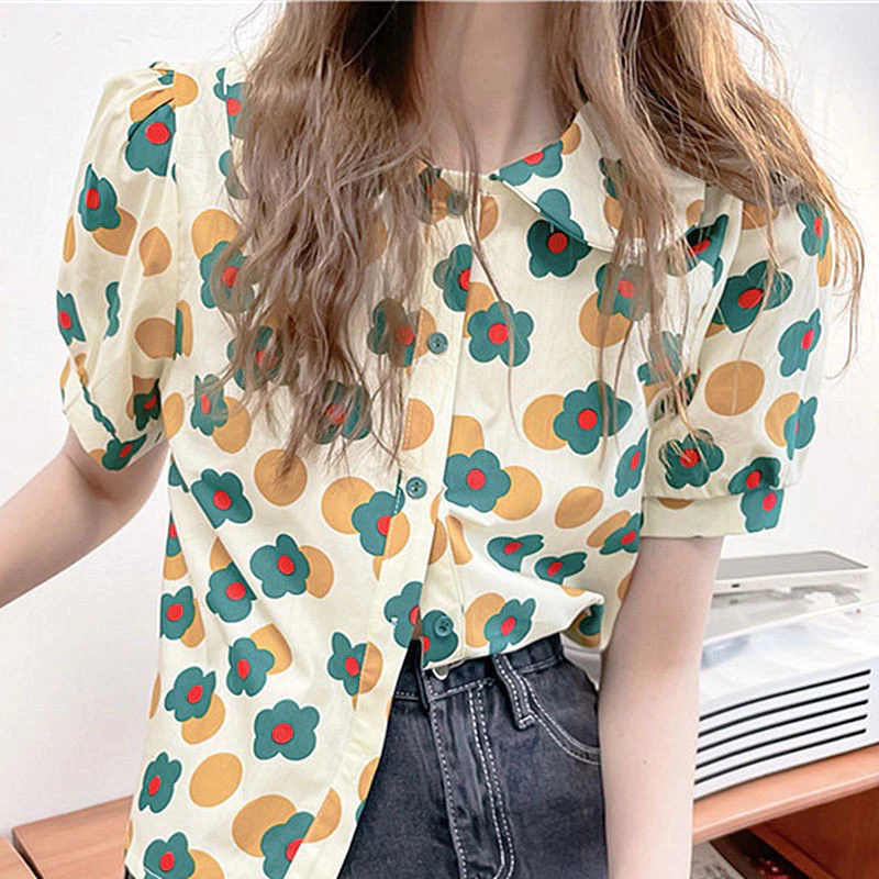 เสื้อเชิ้ตแขนสั้นลายดอกผ้าชีฟองทรงตุ๊กตาย้อนยุค thumbnail 7