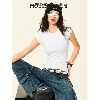 < MOSESQUEEN > อเมริกันย้อนยุคสีทึบเสื้อยืดแขนสั้นบางหญิงฤดูร้อนสาวร้อนสลิมแขนบินขนาดเล็กสั้นด้านบน #62847