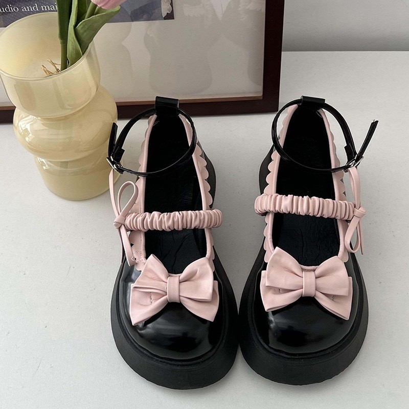 civicera_dudushop2  รองเท้าแมรี่เจน ส้นหนา ประดับโบว์ชมพู ใส่สบาย สไตล์น่ารัก SUH482