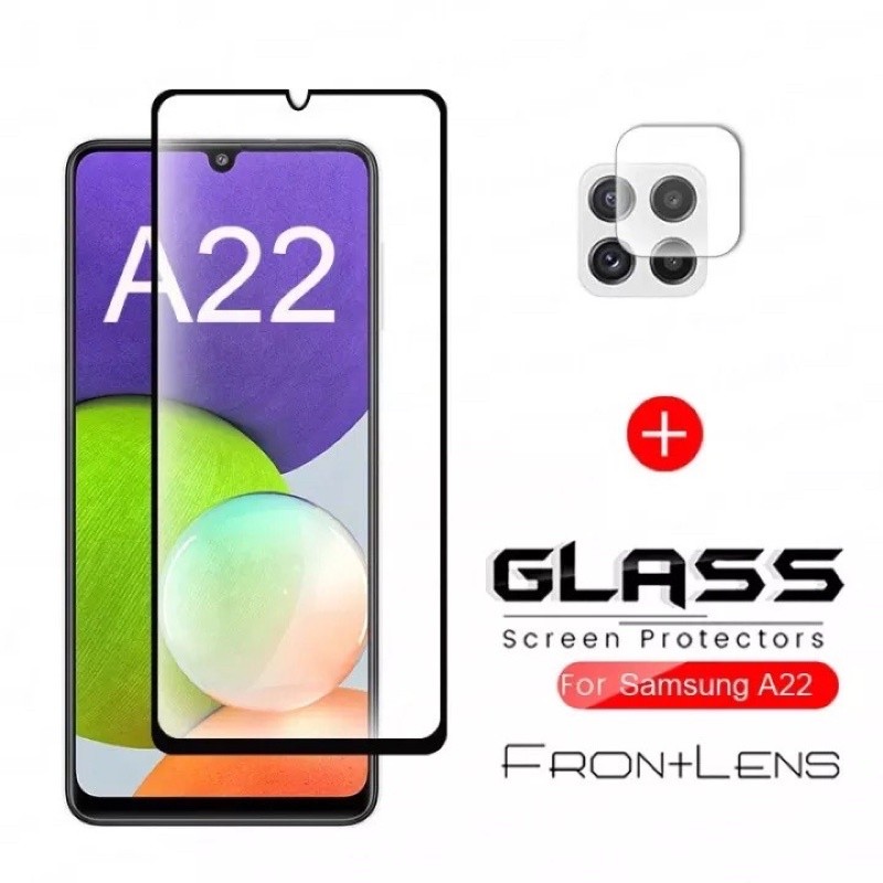 2in1 Samsung A22  4G/A22 5Gฟิล์มเลนส์กล้อง + ฟิล์มกระจกเต็มจอขอบดำ ฟิล์มกันกระแทก