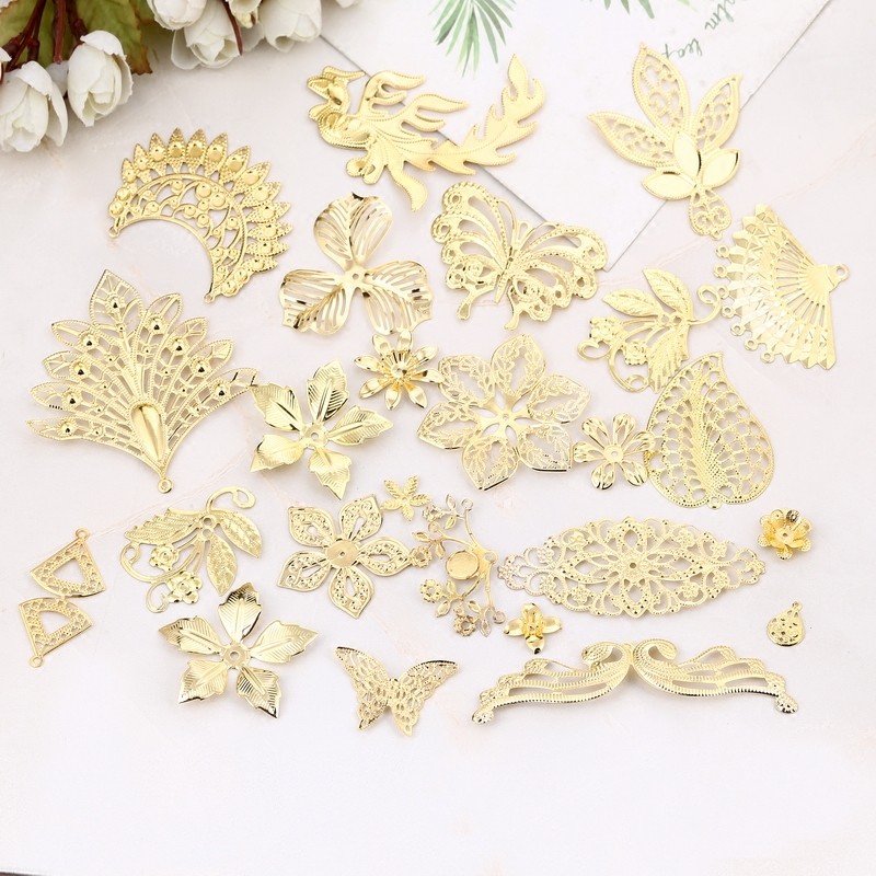 5 ชิ้น 1 ชุด อุปกรณ์เครื่องประดับ DIY ชิ้นดอกไม้ แฮนด์เมด ปิ่นปักผม อุปกรณ์ตกแต่งผม วัสดุชิ้นโลหะ กลีบดอกไม้ ผีเสื้อ สไตล์โบราณ Buyao