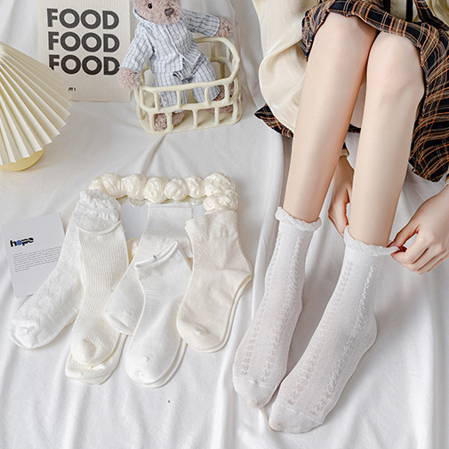 ถุงเท้าสีขาวสําหรับผู้หญิงน่ารัก เจเค โลลิต้า ถุงเท้าลูกไม้ถุงเท้าข้อเท้าฤดูร้อนบางสไตล์