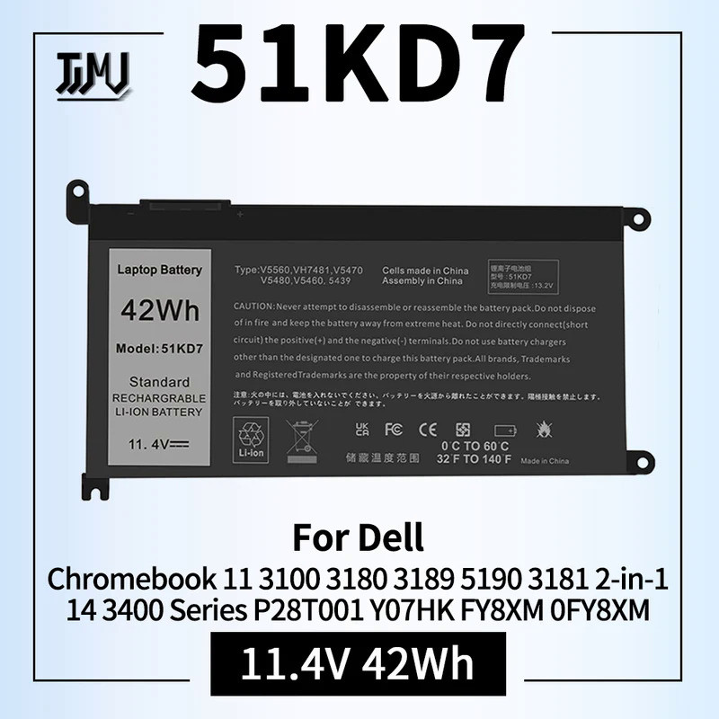 51KD7 Laptop Battery for Dell Chromebook 11 3100 3180 3189 5190 3181 2-in-1 14 3400 Series P28T001 Y