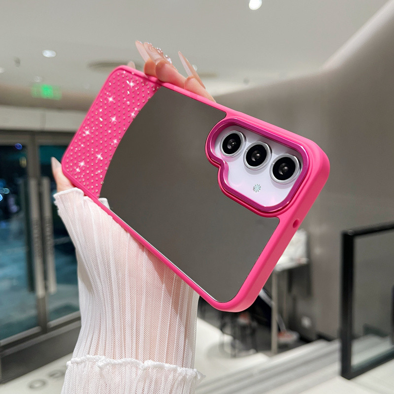 กระเป๋ากระจกเครื่องสำอางประดับเพชรแวววาวสำหรับ Samsung Galaxy S25 Ultra A56 A36 A26 A55 A35 A25 A16 A15 ปกป้องกล้องโลหะแข็งกันกระแทก