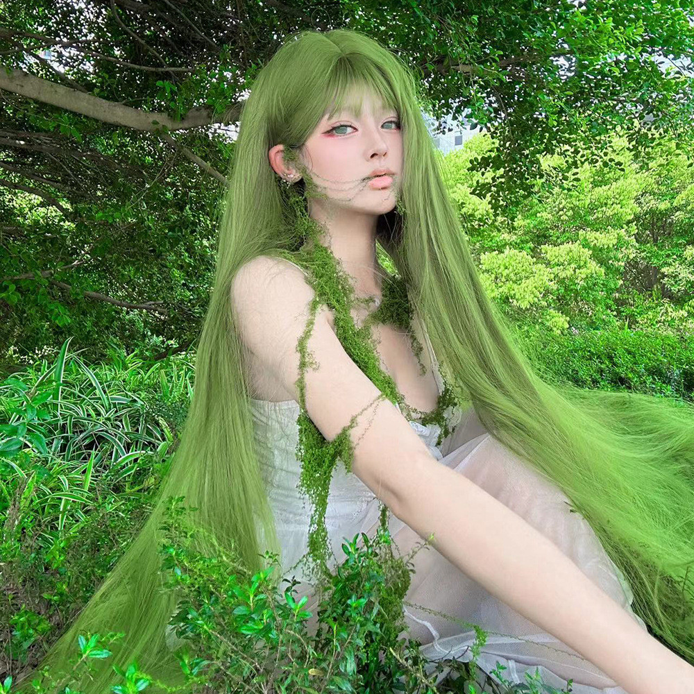 สีเขียวยาวสุด 100 ซม. วิกผมหญิงเต็มหมวก cos Universal lolita lolita lolita ผมตรง