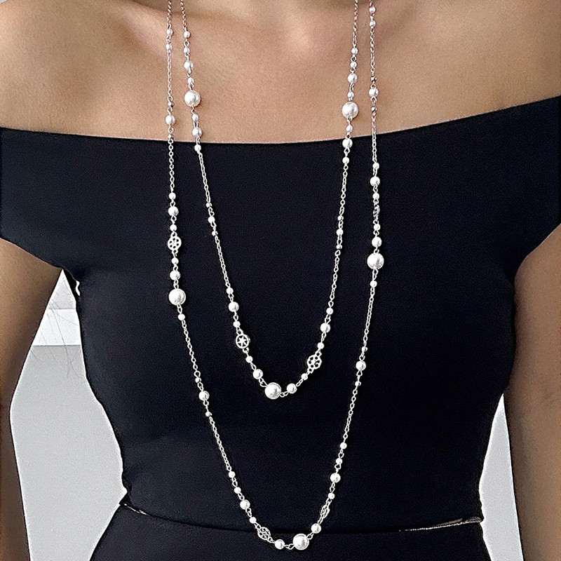 2 ชิ้น/เซ็ตเกาหลีแฟชั่นเลียนแบบ Pearl ยาวสร้อยคอผู้หญิง Elegant Multilayer Choker Sweather คอ Y2K
