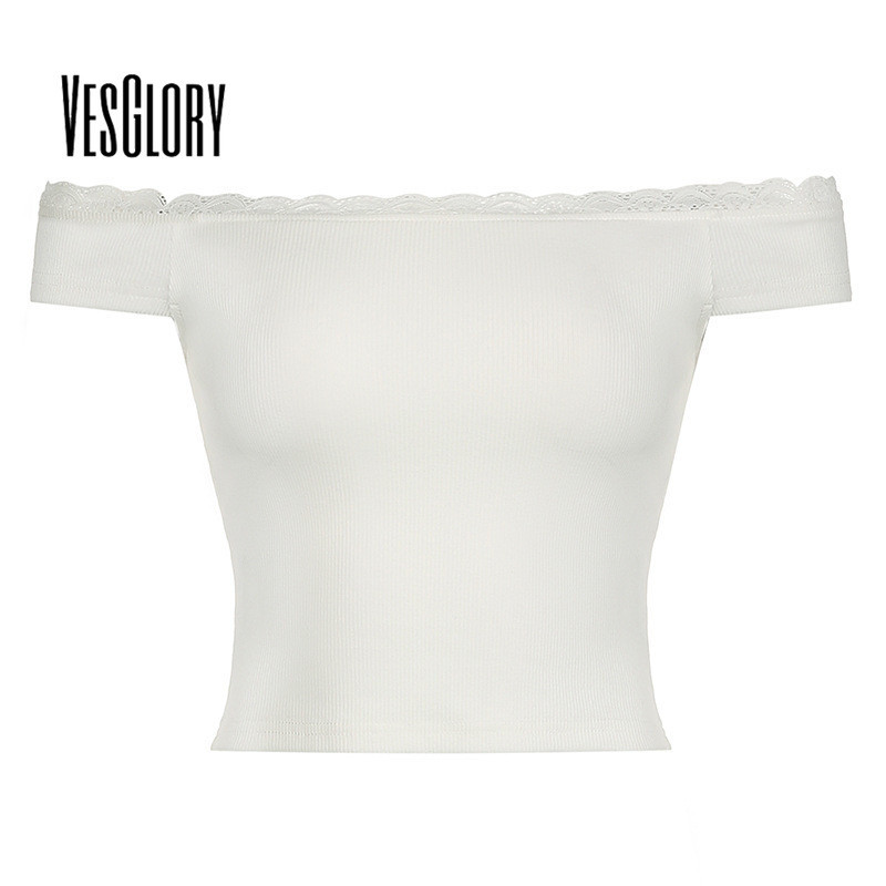 Vesglory ใหม่ เสื้อยืด เปิดไหล่ ผ้าถัก แต่งลูกไม้ สีพื้น แฟชั่นสําหรับสตรี 2024