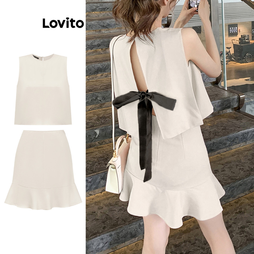 Lovito ชุดเซ็ทกระโปรงผู้หญิง ผูกโบว์ด้านหลัง แต่งระบาย สีพื้น สไตล์ลำลอง L83EN333