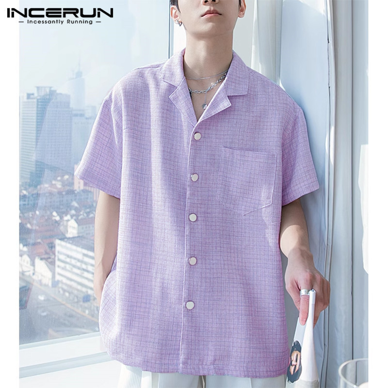 Incerun เสื้อเชิ้ตแขนสั้น ลําลอง ทรงหลวม สีพื้น สไตล์เกาหลี แฟชั่นสําหรับผู้ชาย