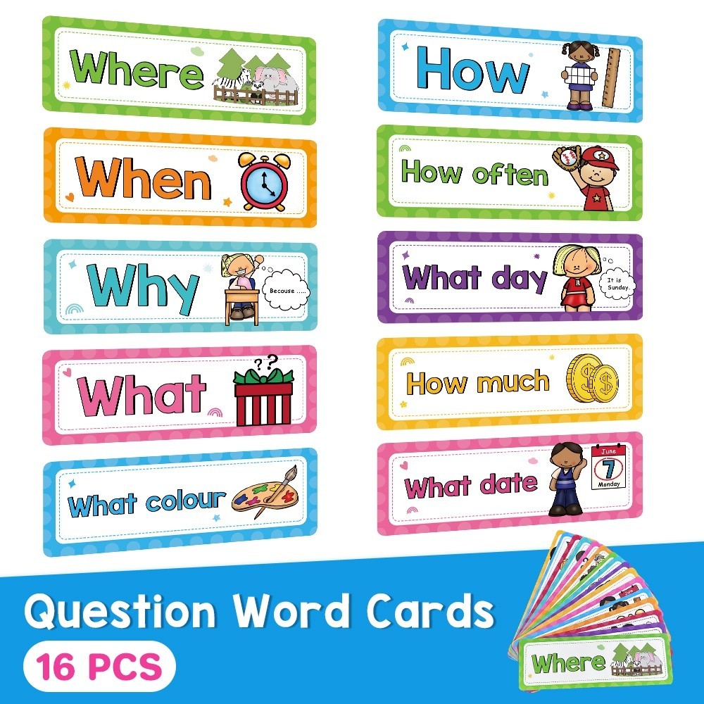 16Pcs Question Words English Cards แฟลชการ์ดภาษาอังกฤษ บัตรภาษาอังกฤษ แฟลชการ์ดคำภาษาอังกฤษ