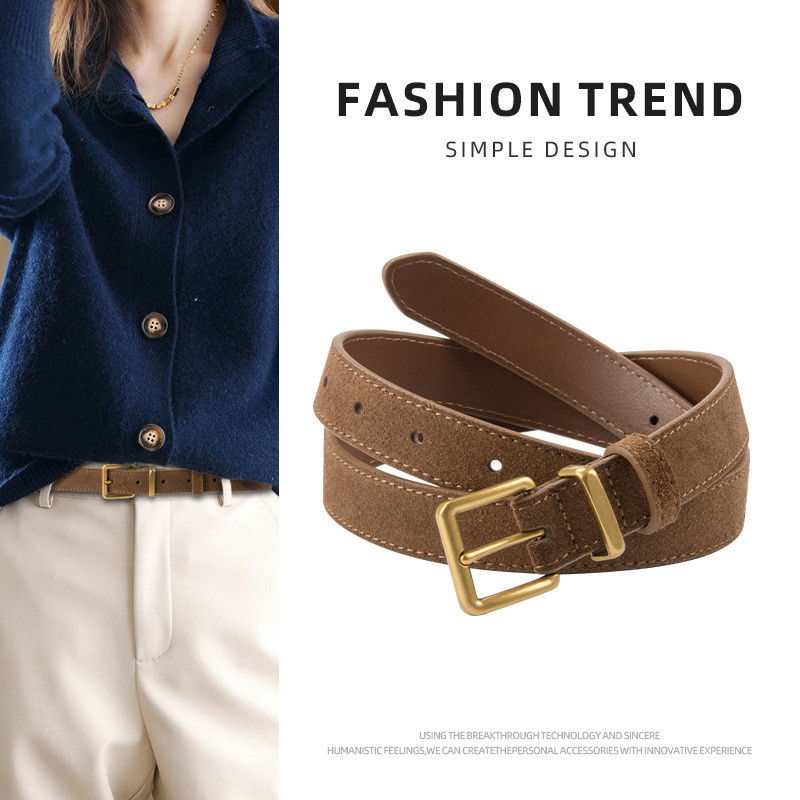 Suede Frosted เข็มขัดหนังแท้ผู้หญิง Cowhide Retro ผู้หญิง High-End Feel Matching กระโปรงกางเกงยีนส์