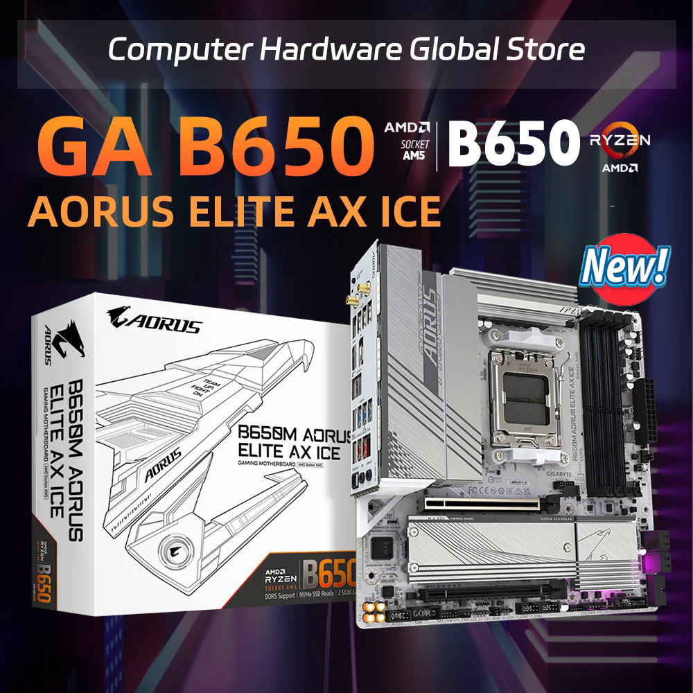 เมนบอร์ด Gigabyte B650M AORUS ELITE AX ICE ช่องเสียบ AM5 ช่องคู่ หน่วยความจําสูงสุดสีขาว DDR5 Wi-Fi 