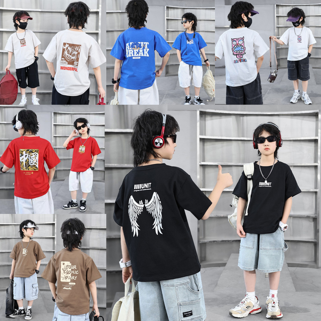 ฤดูร้อน 80-170เสื้อยืดแขนสั้น ผ้าฝ้าย 100% ทรงหลวม พิมพ์ลาย แฟชั่นสไตล์เกาหลี สําหรับเด็กผู้ชาย เสื้อเด็ก9-12เดือน 1ขวบ 2ขวบ 3ขวบ 4ขวบ 5ขวบ 6ขวบ 7ขวบ 8ขวบ 9ขวบ