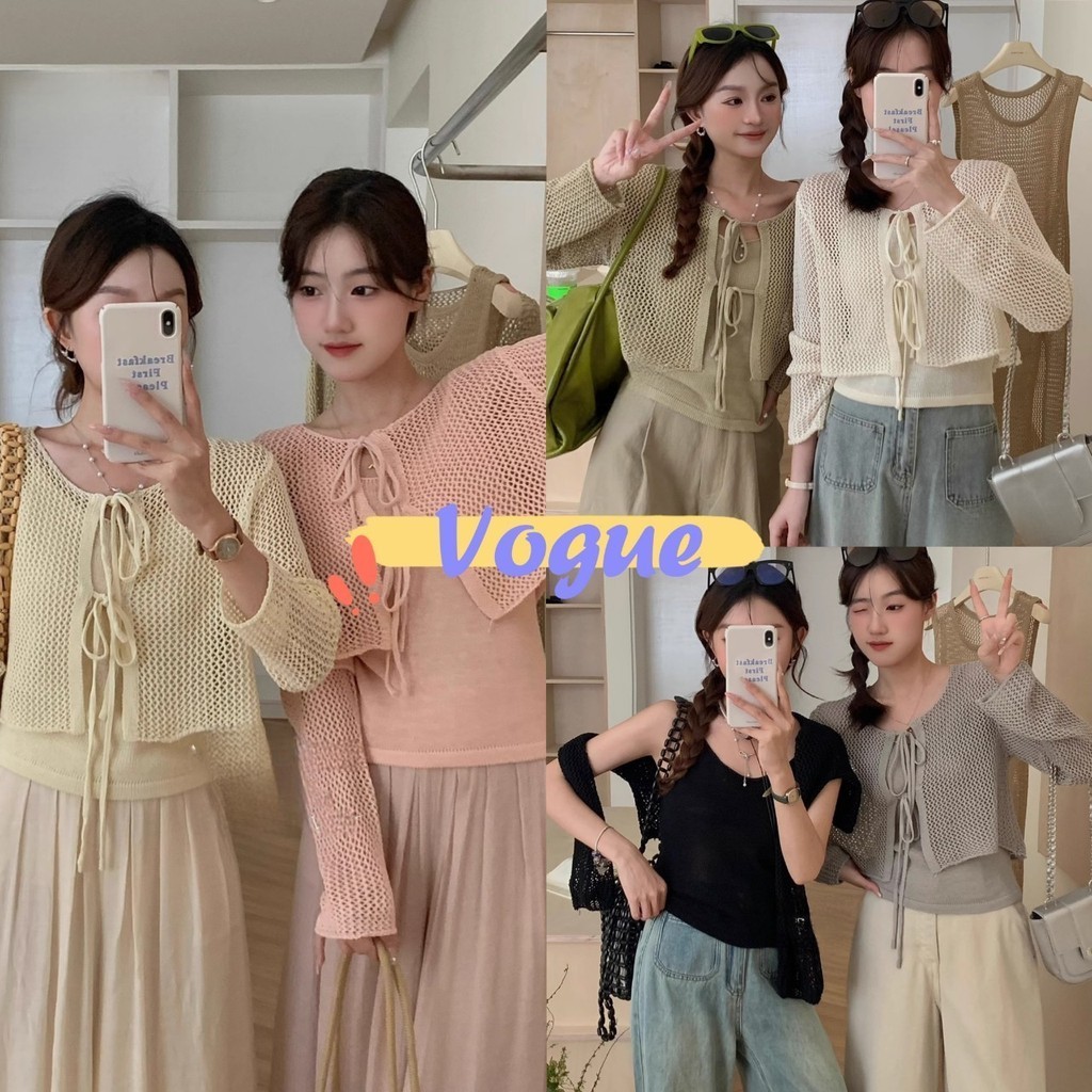 Vogue🌟พร้อมส่ง🌟 ชุดสองชิ้น เสื้อกันแดดเนื้อบางกลวง+เสื้อชั้นในทรงเข้ารูปพอดีตัว ระบายอากาศได้ดีมาก (