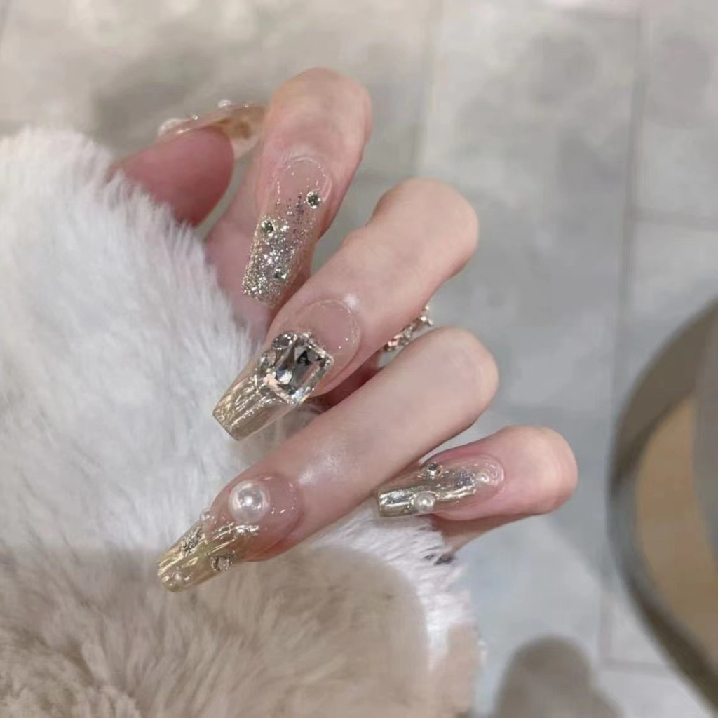 [Twilight] Hand-worn Nail Tip Nail Tip Nail Tip Nail Patch Gold Square Diamond Pearl Gilding Champagne