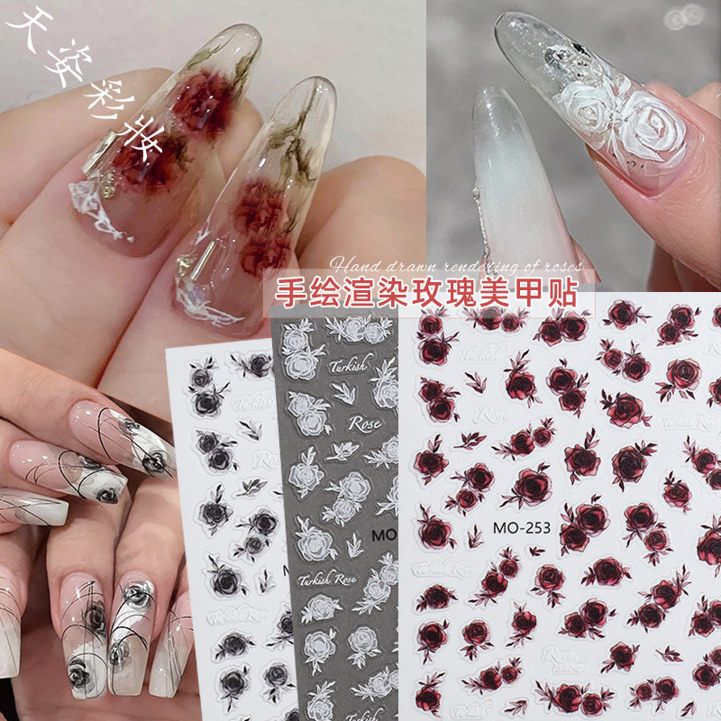มือวาดดอกกุหลาบสติกเกอร์แต่งเล็บนูนสามมิติโกธิคสีดําสีขาวกึ่งซึมเลือดสีแดงกุหลาบดอกไม้เล็บสติ๊กเกอร์