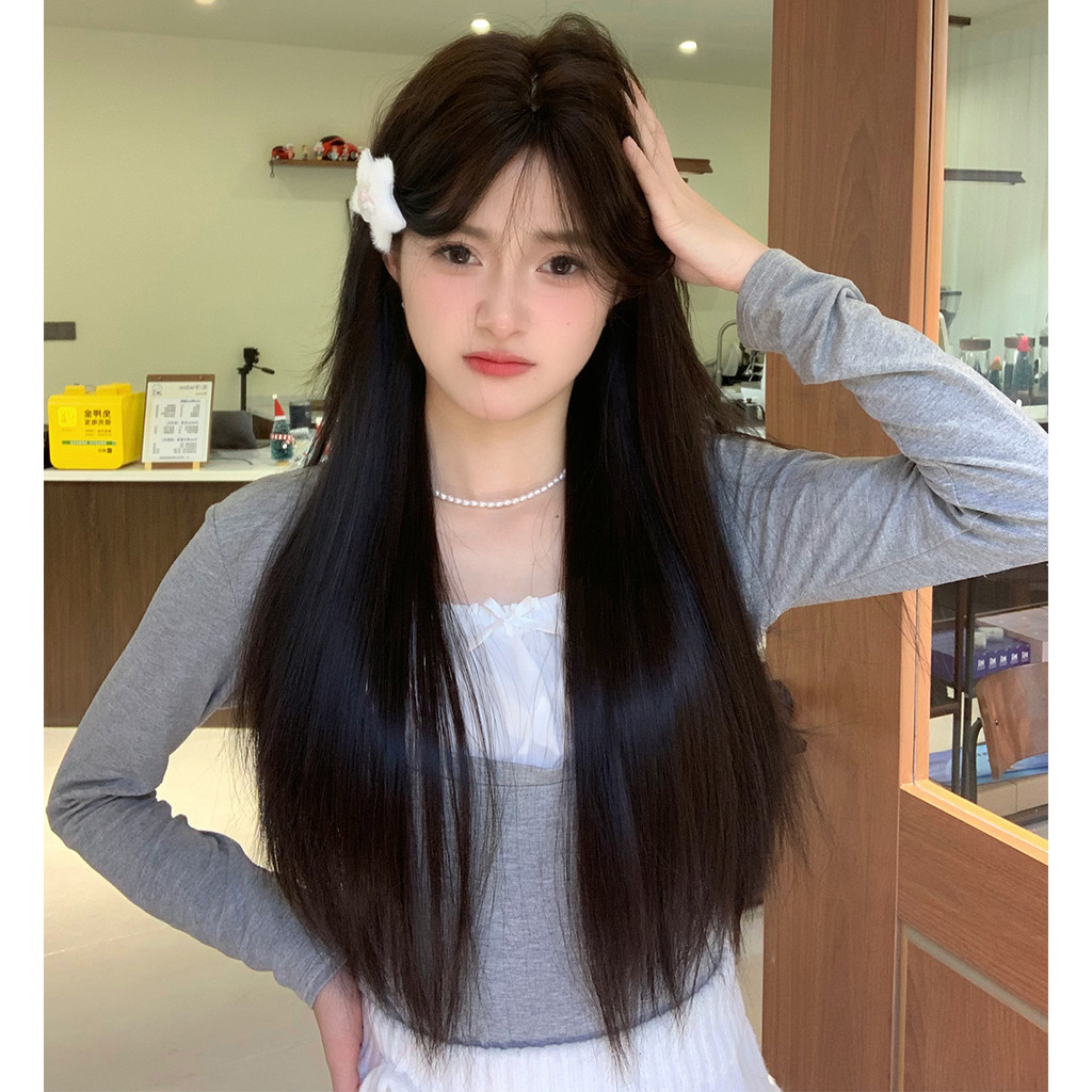 GDS Wigs วิกผมตรงสีน้ำตาลเข้ม หน้าม้าสไลด์ ปลายสไลด์ตัววี (ยาว 71 cm) แถมเน็ตผม
