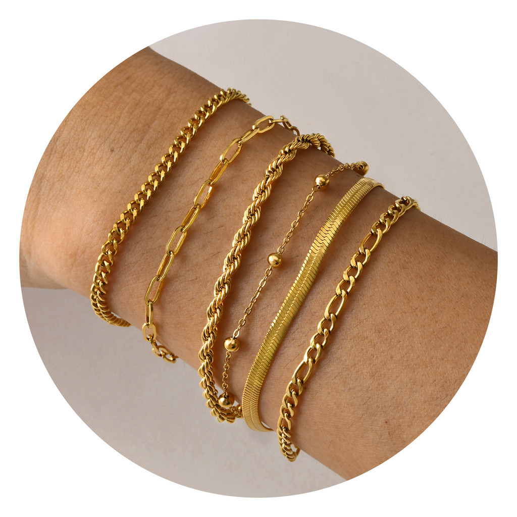 Vnox 6 ชิ้นสร้อยข้อมือทองชุดสําหรับหญิงสาว 18K Gold Chain Dainty Link Paperclip ลูกปัด Twisted สร้อยข้อมือ Stake ปรับ La