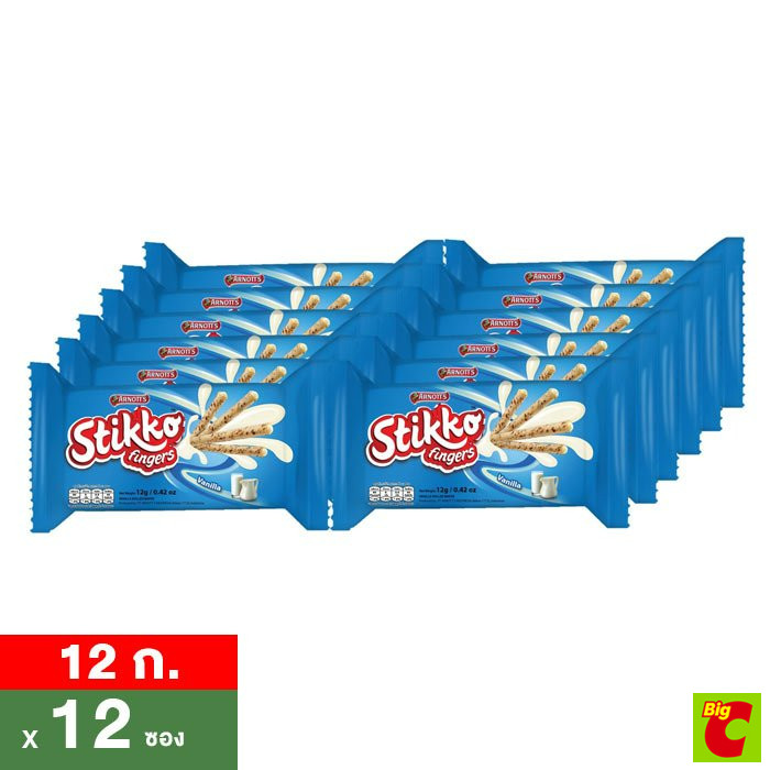 สติ๊กโก้ ฟิงเกอร์มิลค์วานิลลา เวเฟอร์ชนิดแท่งสอดไส้ ครีมรสนมและวานิลลา 12 ก. แพ็ค 12