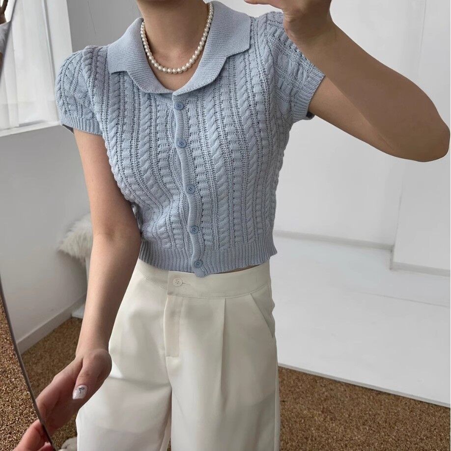 Gakki เสื้อคาร์ดิแกนแขนสั้นไหมพรม เสื้อถักนิตติ้งกลวงผู้หญิง ผ้านิ่มใส่สบาย ฟรีไซส์ พร้อมส่ง M3635#