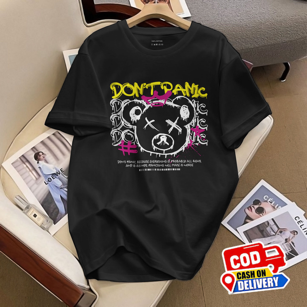 Dont Panic Bear เสื้อยืดผ้าฝ้าย Combed 24s ตุ๊กตาหมีสีดํา TDB6 ผู้ชายและผู้หญิง