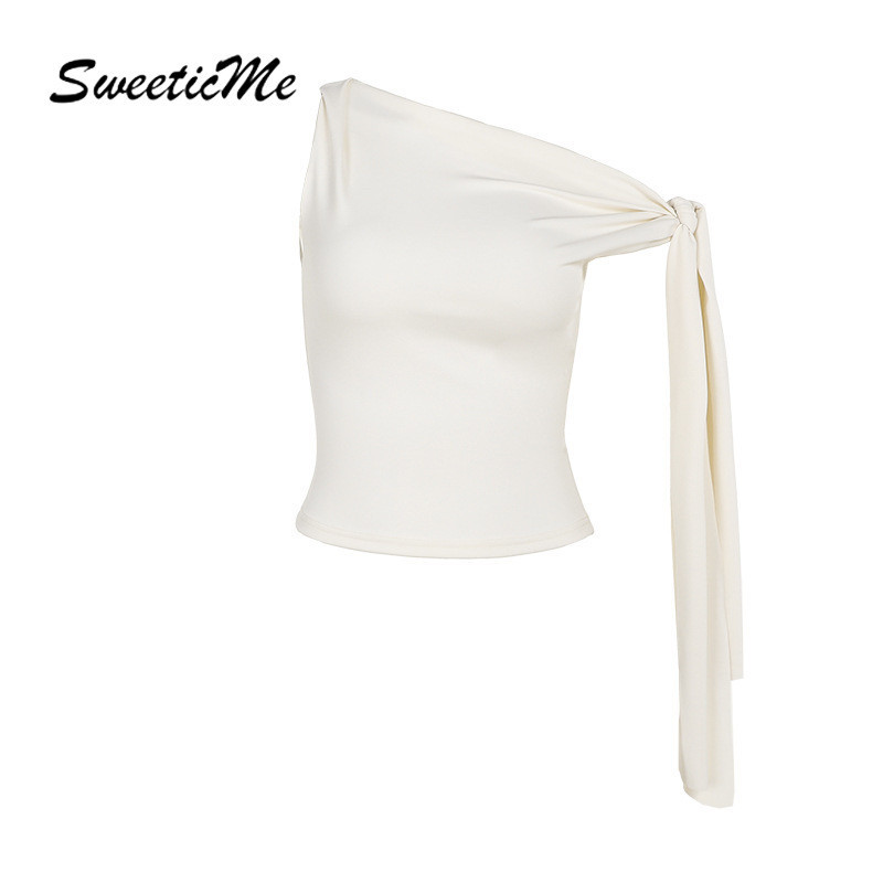 Sweeticme ผู้หญิง 2024 ใหม่แฟชั่นสีทึบ Slim Fit เซ็กซี่หนึ่งไหล่เสื้อกล้าม Camisole