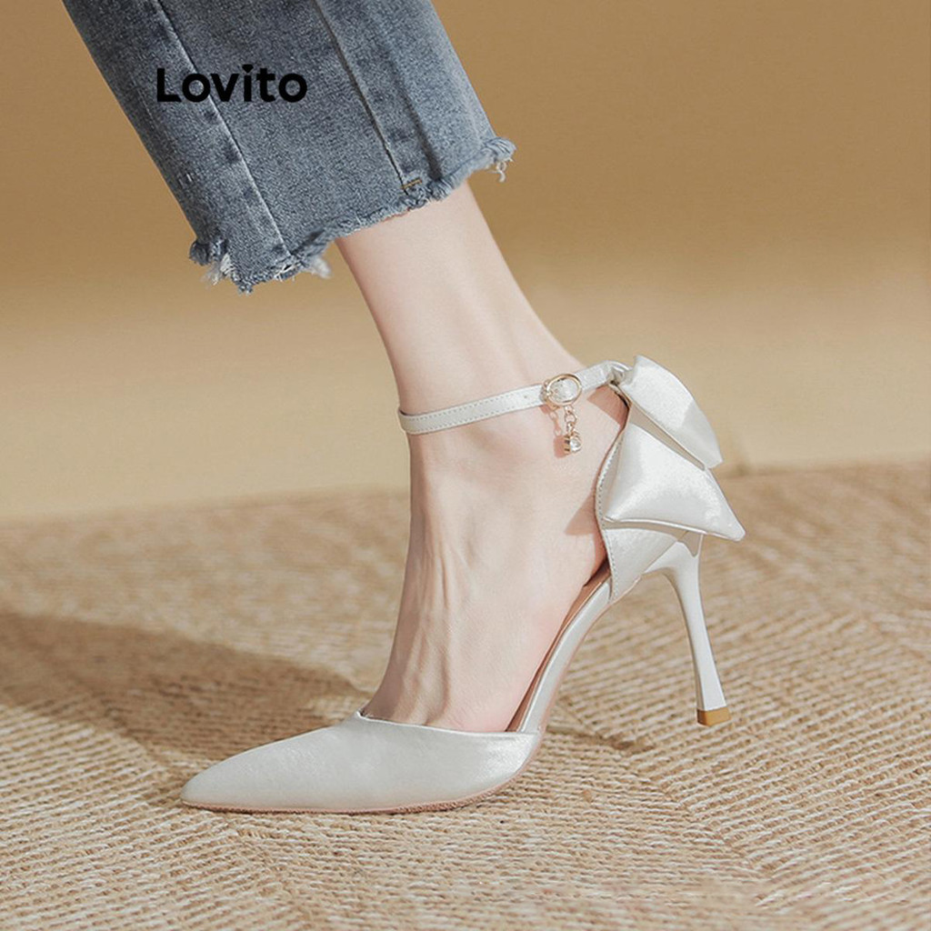 (Lovito Refine) รองเท้าส้นสูงผู้หญิง ส้นเข็ม ผูกโบว์ด้านหลัง สีเรียบ สไตล์หรูหรา LFA22023
