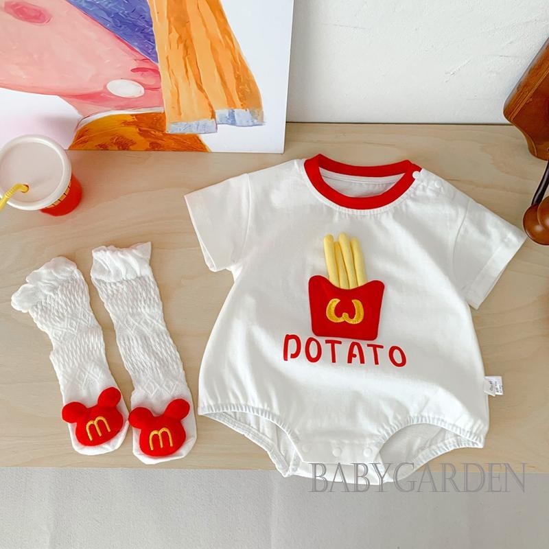 Bga-เด ็ กฤดูร ้ อนRomperถุงเท ้ ายาวรอบคอแขนสั ้ นพิมพ ์ 3D French FriesทารกJumpsuits
