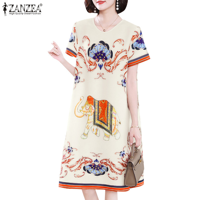 Zanzea ชุดเดรสพิมพ ์ ลายหลวมคอกลมแขนสั ้ นผู ้ หญิงเกาหลี
