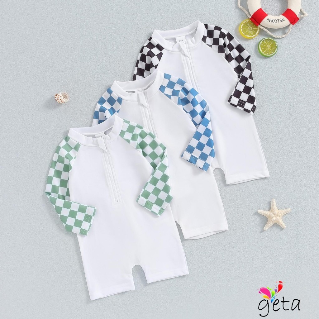 Ljw-little Boy ชุดว่ายน้ําฤดูร้อน Checkerboard แขนยาวรอบคอซิป Rash Guard ชุดว่ายน้ํา