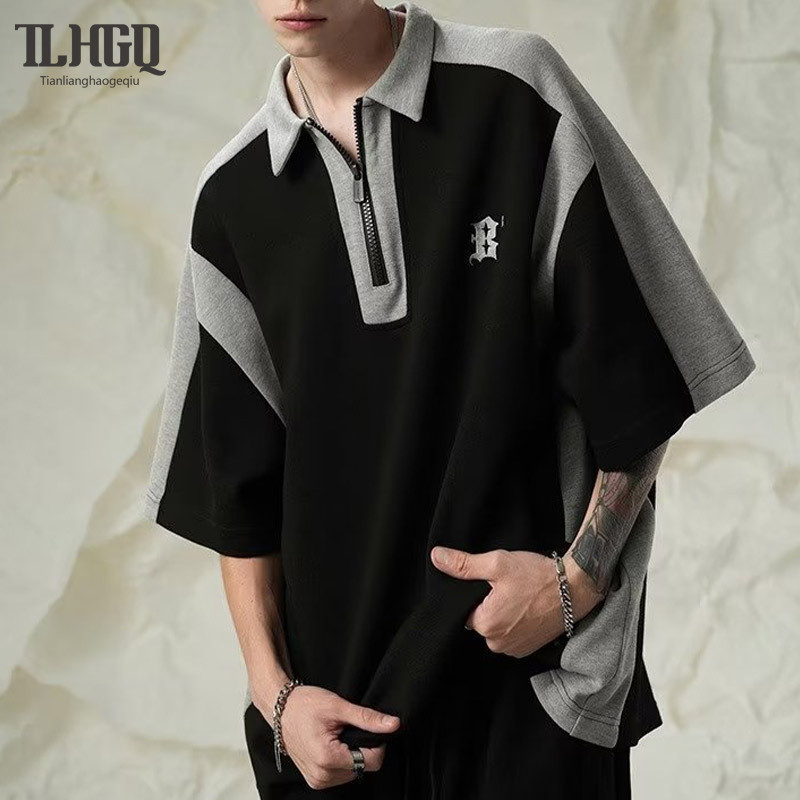 เสื้อยืด ผู้ชายสไตล์อเมริกันวินเทจประกบแขนสั้นเสื้อยืดอารมณ์เรียบง่ายโปโลคอแขนสั้น 5/4