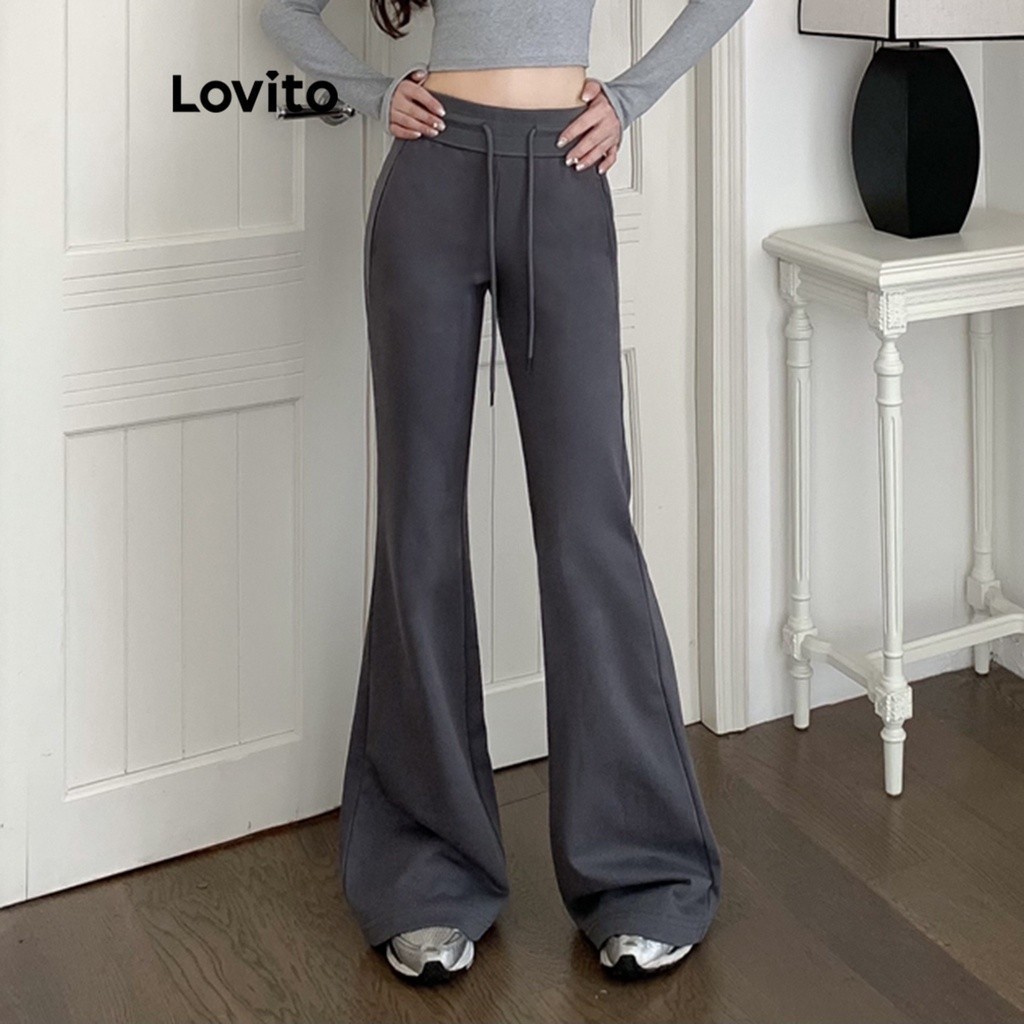 Lovito กางเกงผู้หญิง แบบเชือกรูด มีกระเป๋า สีพื้น สไตล์ลำลอง LNE35163 (สีเทา / สีดำ)