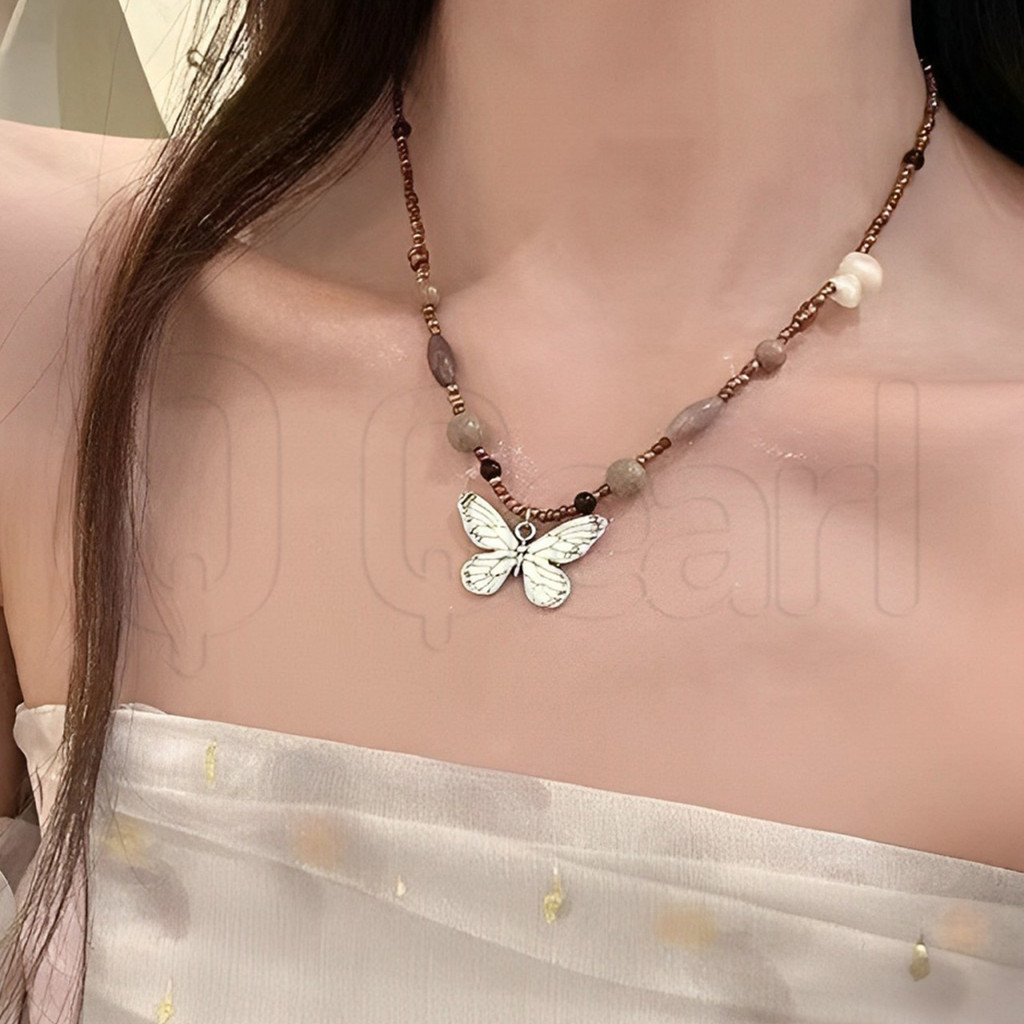 สร้อยคอจี้ลูกปัดรูปผีเสื้อ-สําหรับผู้หญิงสาว-โบฮีเมียนสไตล์ลูกปัดกระดูกไหปลาร้าโซ่-วินเทจ,หวาน,ประณีต-สําหรับซัมเมอร์บีชสติง-เครื่องประดับพรรคของข