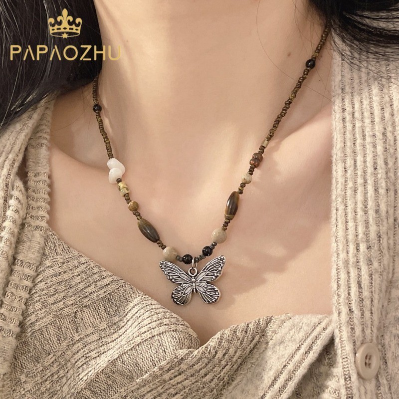 Papaozhu Vintage Agate ลูกปัดผีเสื ้ อจี ้ สร ้ อยคอผู ้ หญิง Elegant คอเครื ่ องประดับเครื ่ องประดับ