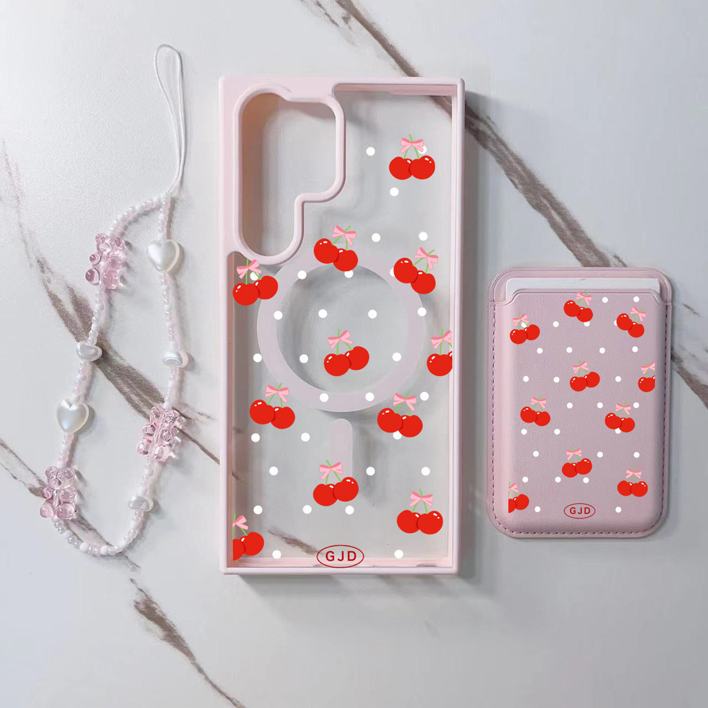 3pcs Cherry น่ารักกระเป๋าสตางค์สําหรับ Samsung s22 s22plus ultra กรณี Girly S23 S23Plus s23fe s24 s24plus s24ultra ปกหลัง