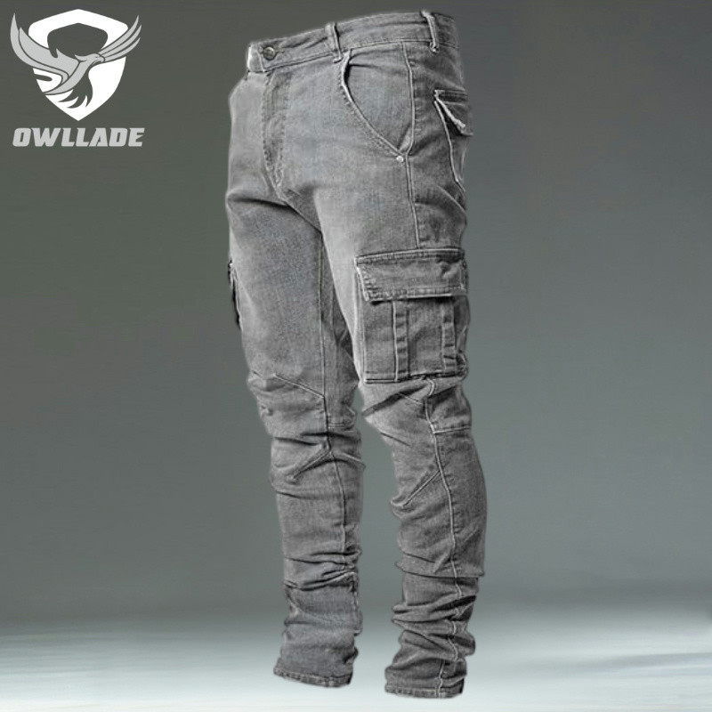 Eaglade Skinny Slim Fit Denim Cargo Jeans Pants for Men L0066 สีเทา C03