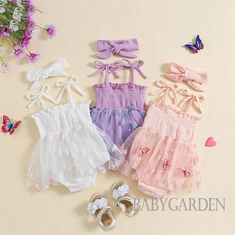 Baga-เด็กสาว Tie-up แขนกุดจีบผีเสื้อ Tulle Patchwork Romper ชุด Hairband ทารกเสื้อผ้าฤดูร้อน