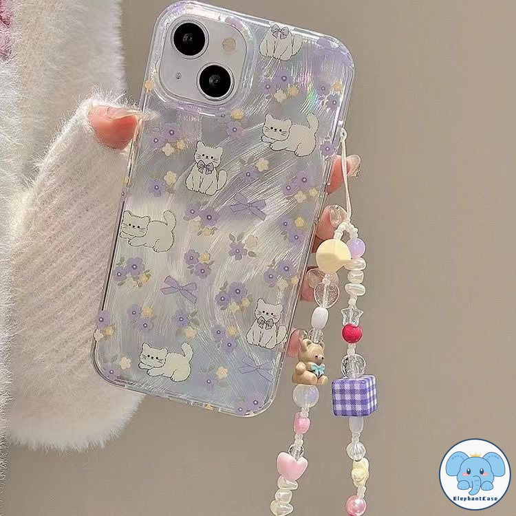 ภาพวาดสีน้ำมันน่ารัก ดอกไม้ โบว์แมว หรูหรา เคสเส้นด้ายขนนก iPhone 16 11 15 XR 12 14 13 Pro Max 8 7 Plus X XS Max SE 2020