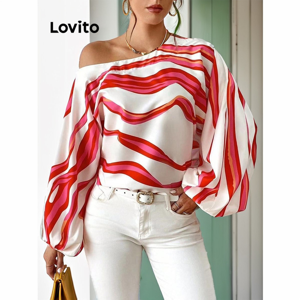 Lovito เสื้อเบลาส์ผู้หญิง ทรงอสมมาตร ลายทาง สีรุ้ง หรูหรา LNL54213