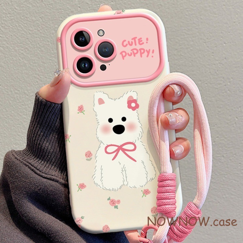 เหมาะสําหรับ ไอโฟน 15 14 13 12 11 มือโปร สูงสุด X เอ็กซ์อาร์ XS สูงสุด 7 8 บวก ปกอ่อนการ์ตูนน่ารักดอกไม้ลูกสุนัขขนาดใหญ่หน้าต่างกรณีโทรศัพท์พร้อมสายแขวนและสายรัดข้อมือเพื่อป้องก