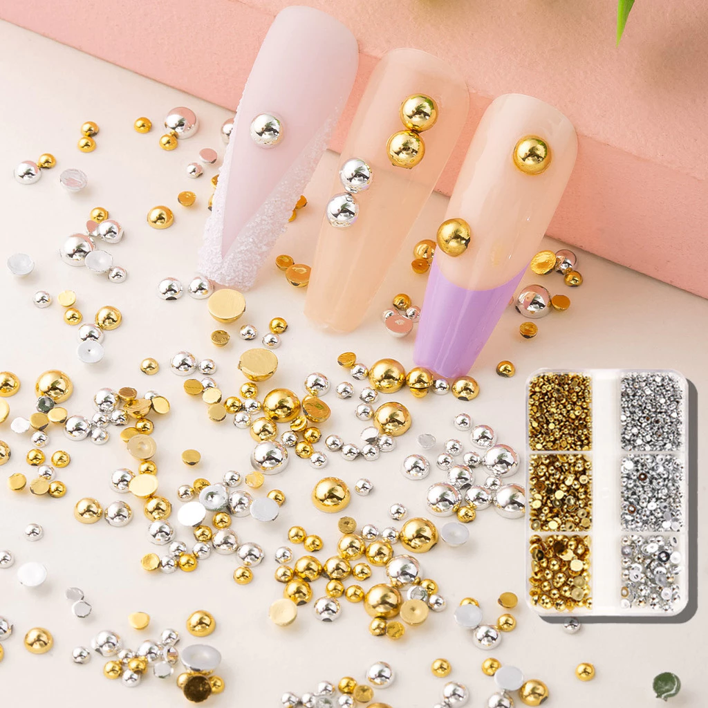 ลูกเหล็กตกแต่งเล็บ Golden Sliver Nail Art สติ๊กเกอร์ติดเล็บ Rhinestones 6Grid ครึ่งรอบ NIBIRUDU