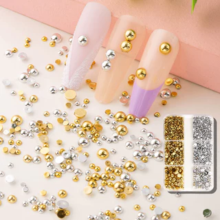 ลูกเหล็กตกแต่งเล็บ Golden Sliver Nail Art สติ๊กเกอร์ติดเล็บ Rhinestones 6Grid ครึ่งรอบ NIBIRUDU