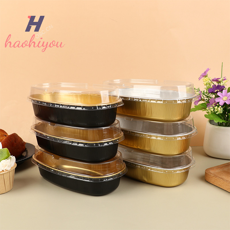 <haohiyou> 5 ชิ้น 350 มล. กล่องเค้กอลูมิเนียมฟอยล์รูปไข่พร้อมฝาปิดพลาสติกเค้กถ้วยบรรจุภัณฑ์ Nice