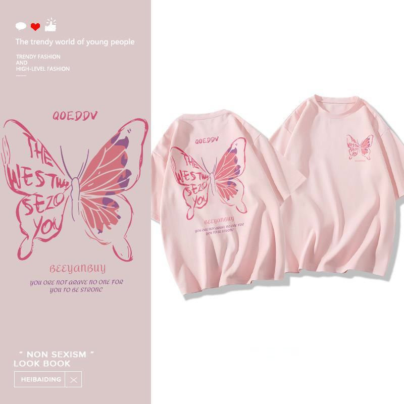 COD✅ (จัดส่งในกรุงเทพฯ) MAO Shop T-shirt,ผีเสื้อสีชมพูสวยพิมพ์เสื้อยืดแขนสั้นหลวม เสื้อ oversize