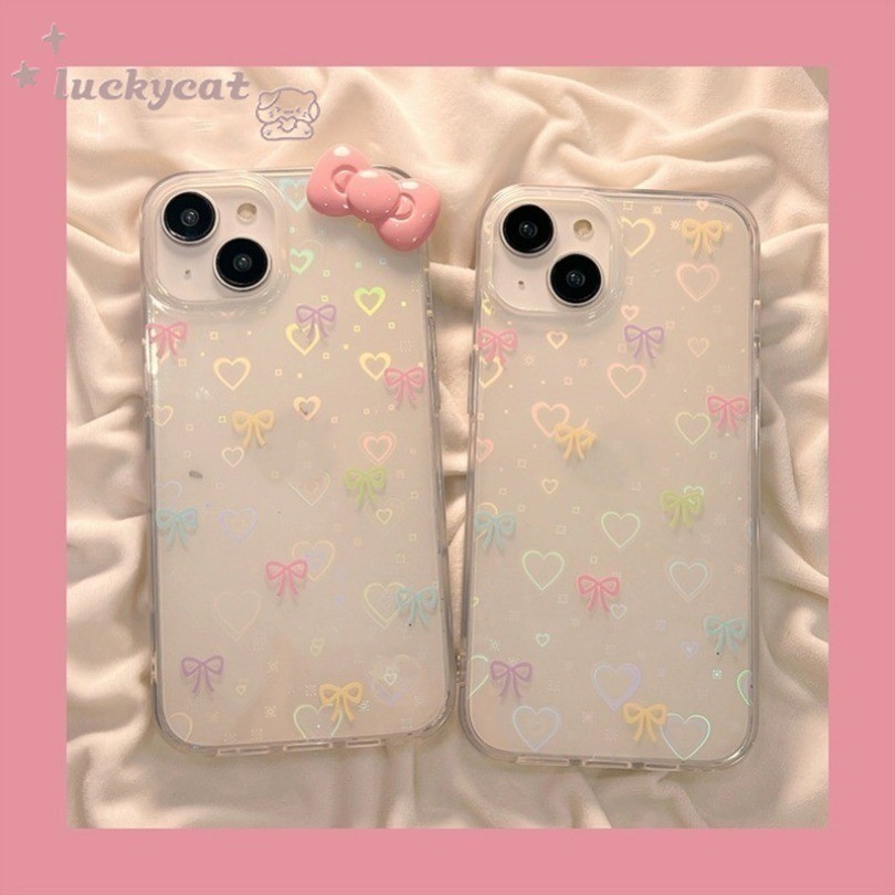 Iphone 15 14 13 12 11 Pro Max X Xr Xs Max 7 8 Plus SE2020 เคสโทรศัพท์ Ins Fresh Blue Love Heart โบว์สีชมพูใสฝาครอบโทรศัพท์นุ่ม